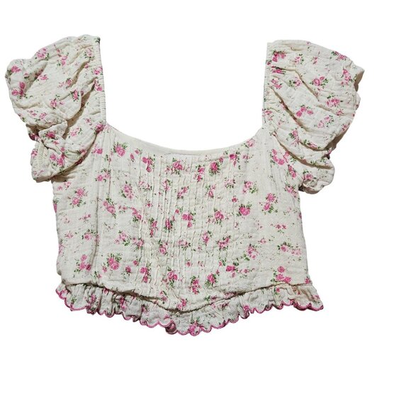 Floral Puff Sleeve Smocked Crop Top With Ruffle Hem Spring - Picture 3 of 14
